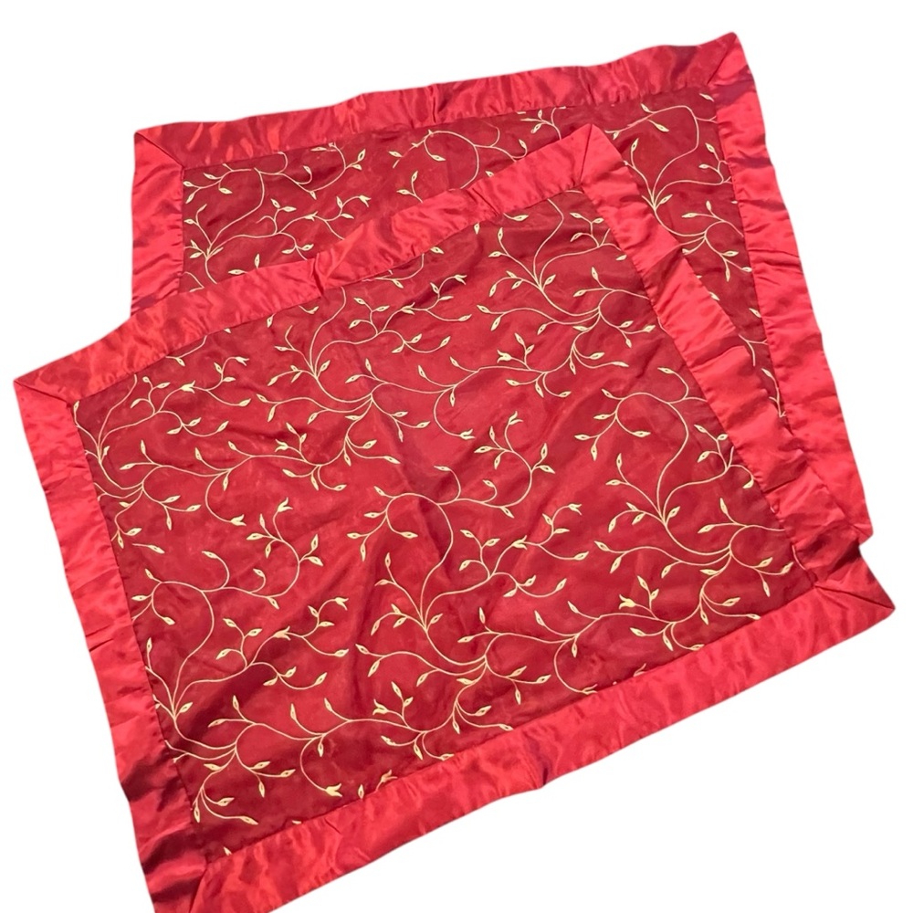 Red Satin Pillow Shams (2) Standard Size Fits Pillow 26x20‎ Embroidered Vines